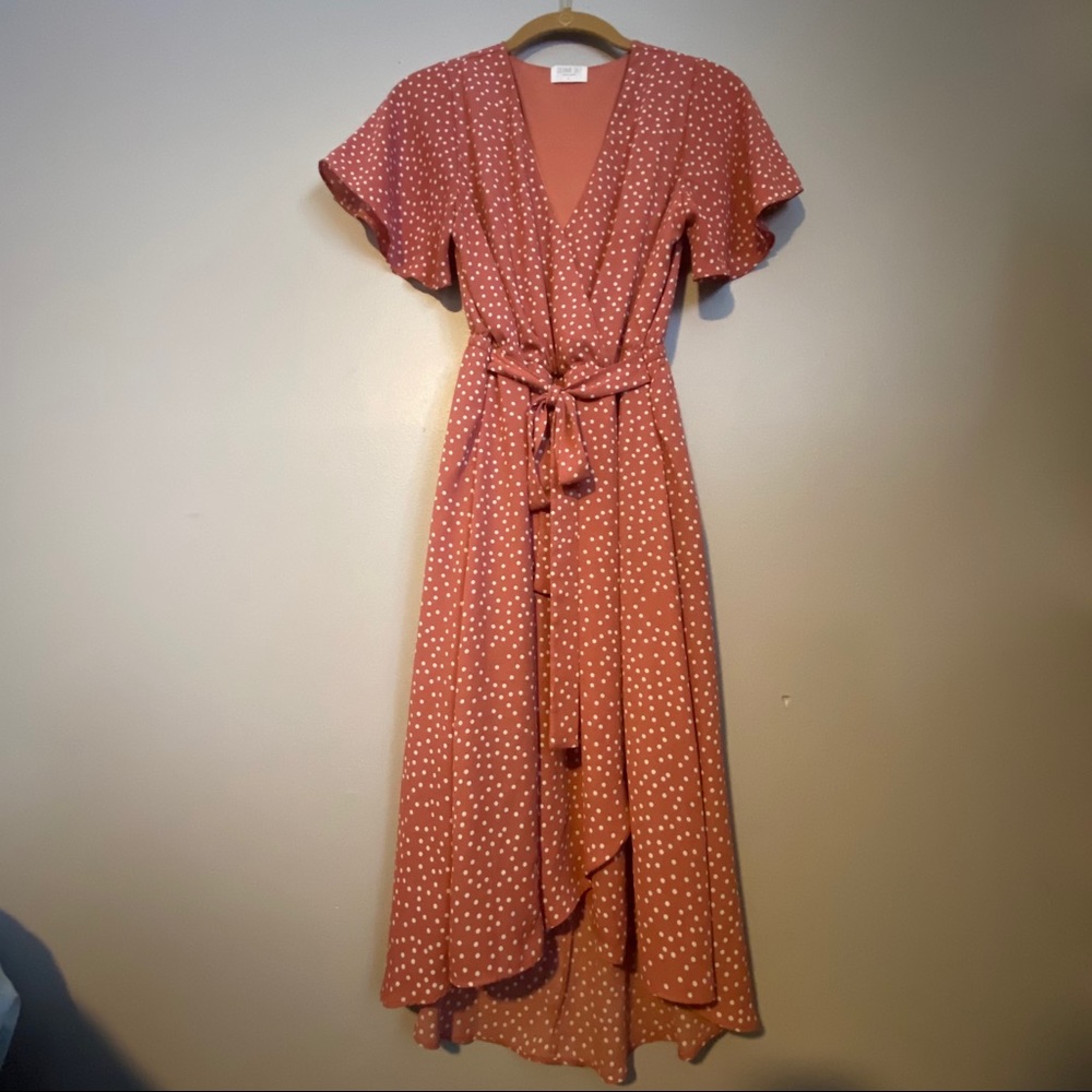 Salmon Polka Dot Wrap Midi Dress